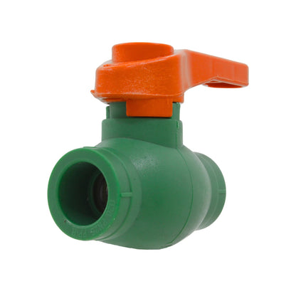Válvula esfera plástica PPR D20 PN25 verde con maneta naranja