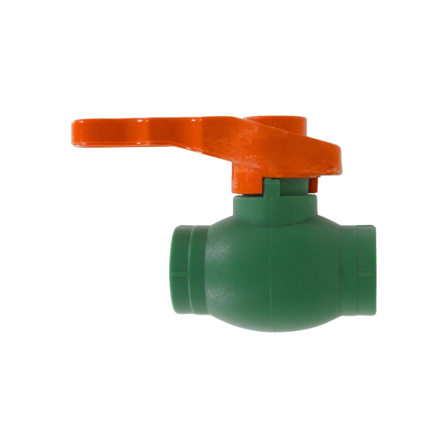 Válvula de esfera PPR 20mm 1/2" con cuerpo verde y manija naranja para instalaciones hidráulicas