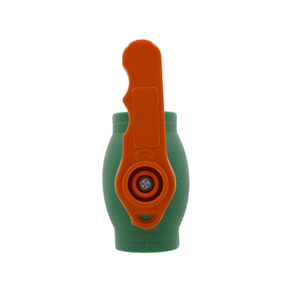 Válvula esfera PPR verde con maneta naranja, para redes de agua en fontanería
