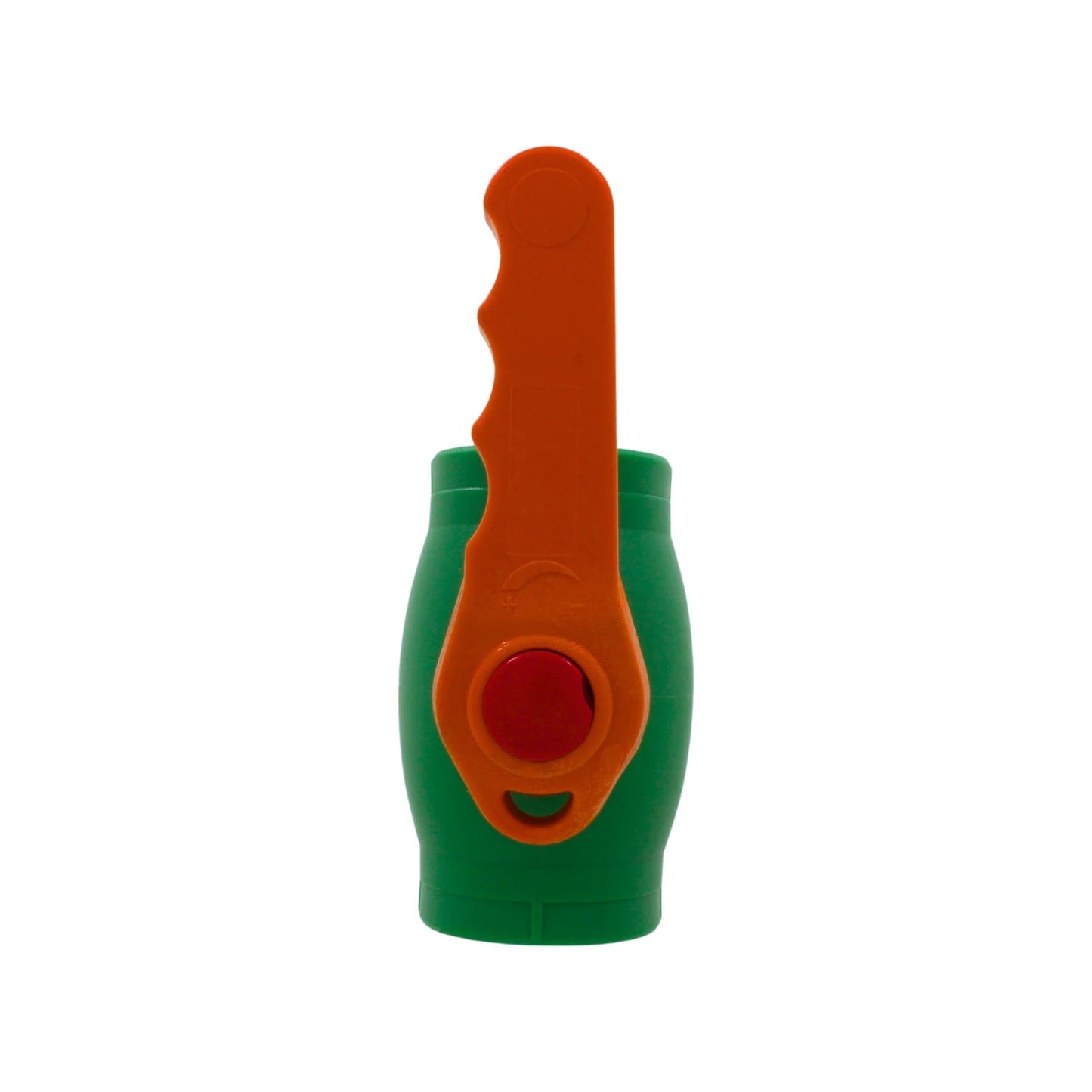 Válvula esfera de plástico verde con maneta naranja y botón rojo para tuberías PPR, uso en plomería.