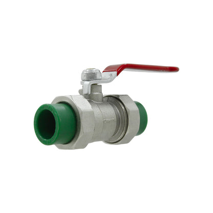 Válvula de esfera PPR desmontable 20mm (1/2") con cuerpo metálico y maneta roja para fontanería