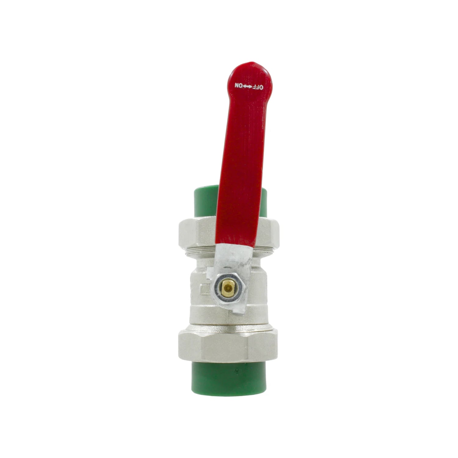 Válvula de esfera PPR desmontable con conexiones verdes de 25mm y manija roja.