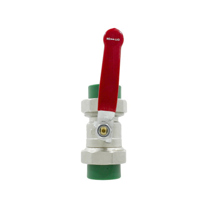 Válvula de esfera PPR desmontable con conexiones verdes de 25mm y manija roja.