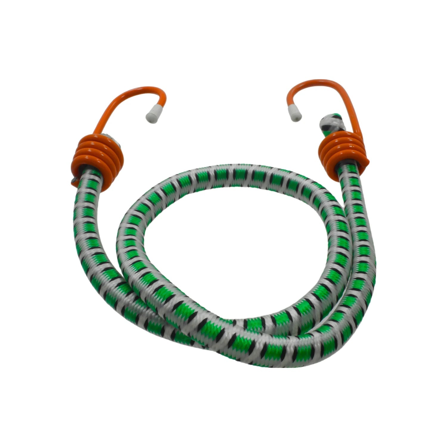 Tensor elástico verde, blanco y negro con ganchos naranja para sujeción de carga y objetos