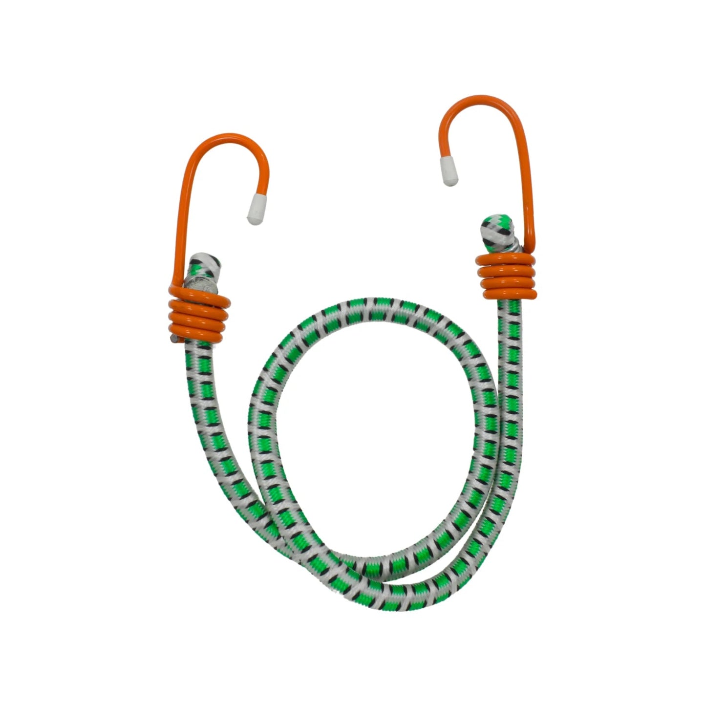 Tensor elástico verde, blanco y negro con ganchos naranja para sujeción de carga y fijación segura.