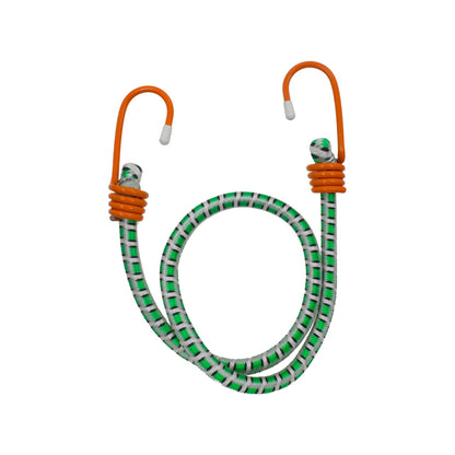 Tensor elástico verde, blanco y negro con ganchos naranja para sujeción de carga y fijación segura.