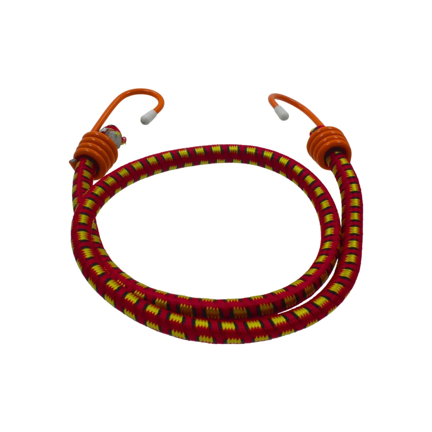 Tensor elástico rojo y amarillo con ganchos naranjas, ideal para sujetar y amarrar cargas de forma segura.