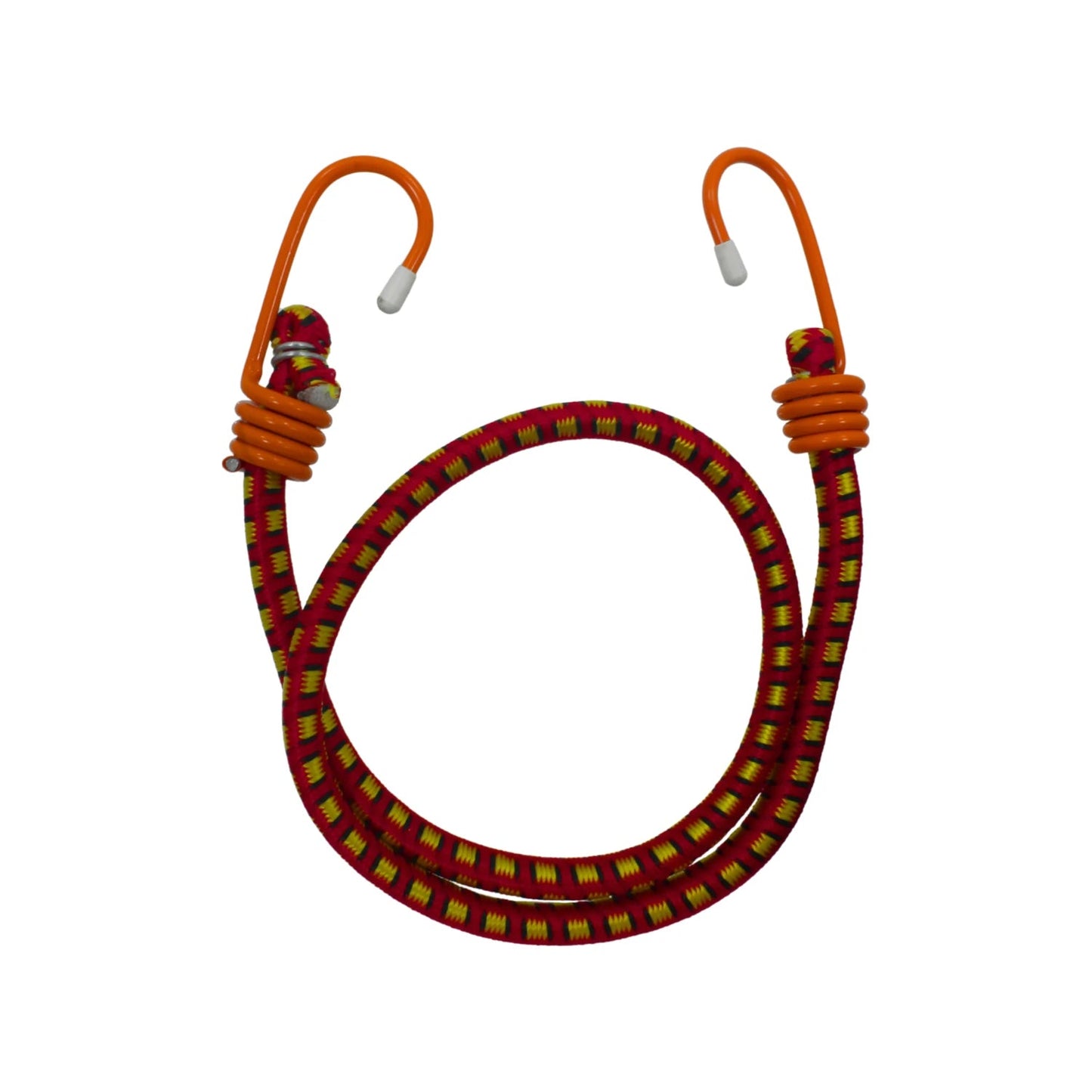 Tensor elástico rojo con patrón amarillo, ganchos naranjas y puntas blancas para sujeción y amarre de carga