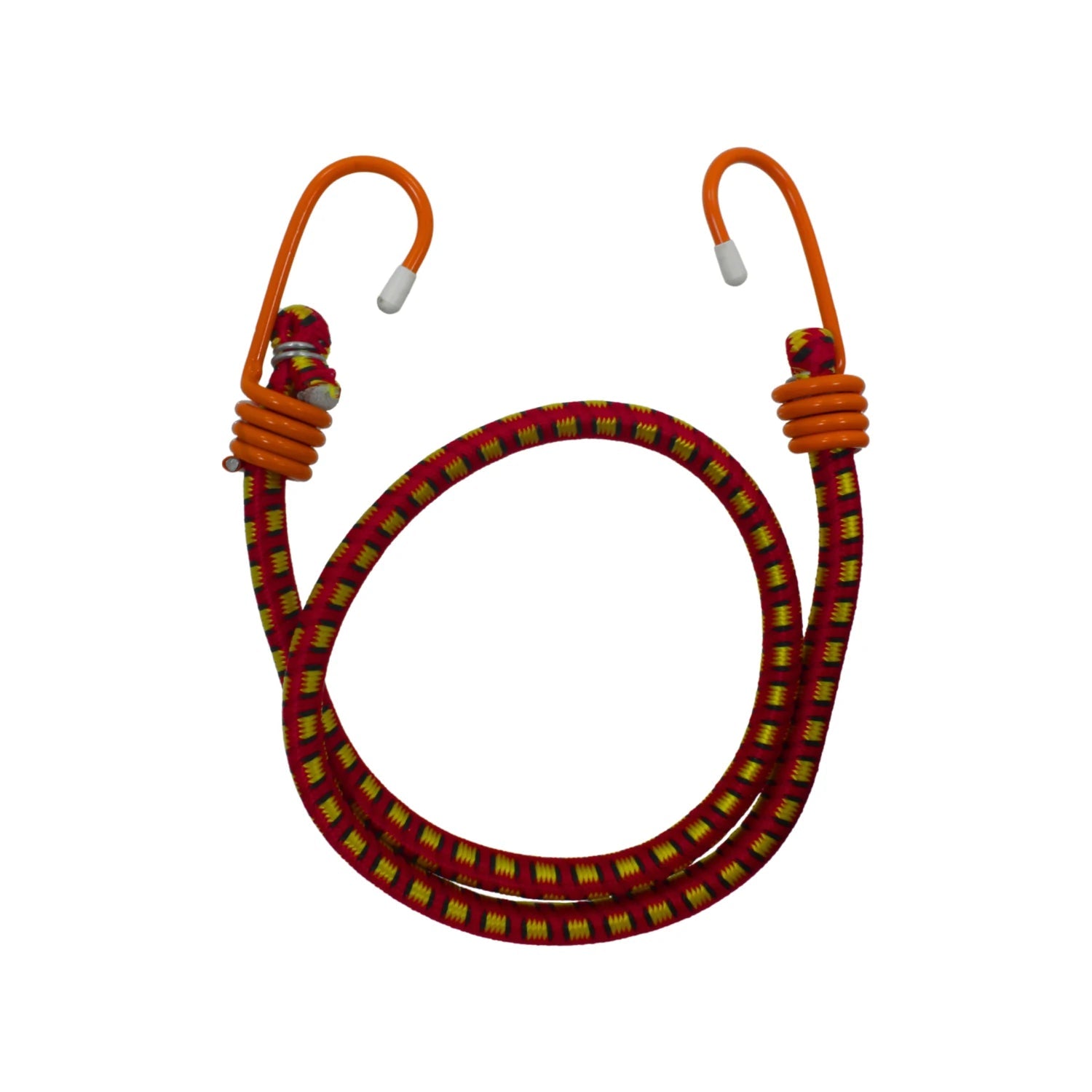 Tensor elástico rojo con patrón amarillo, ganchos naranjas y puntas blancas para sujeción y amarre de carga