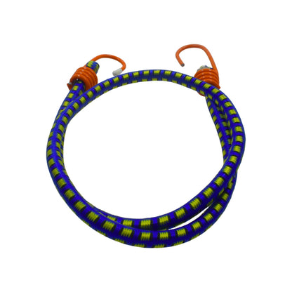 Tensor elástico azul y amarillo con ganchos naranjas, ideal para sujetar y asegurar objetos.