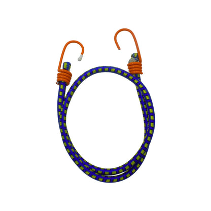 Tensor elástico bicolor azul y amarillo con ganchos metálicos naranja para asegurar y sujetar cargas.