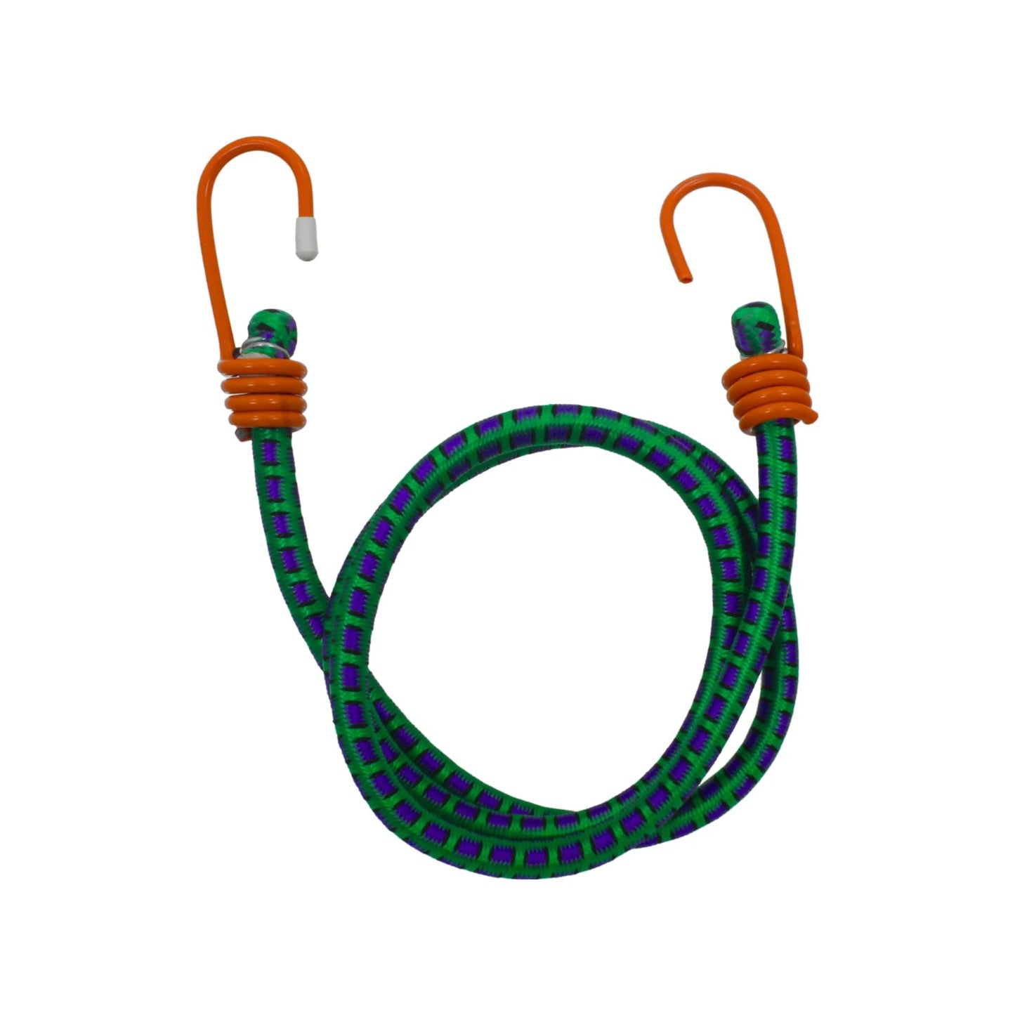 Tensor elástico verde y morado con ganchos naranjas, para sujetar y asegurar objetos.