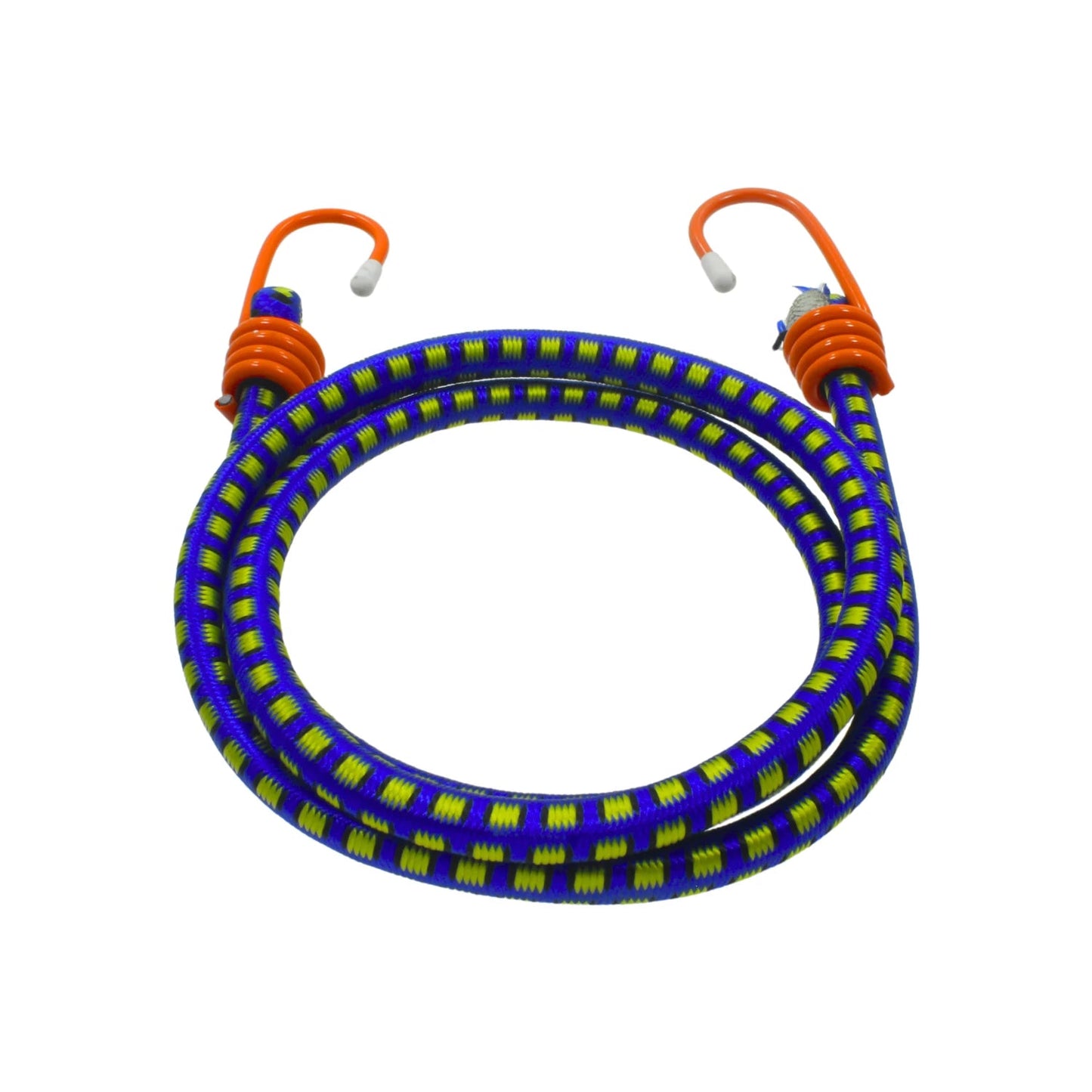 Tensor elástico azul con amarillo verdoso, ganchos naranjas, resistente para sujetar y asegurar carga y objetos.