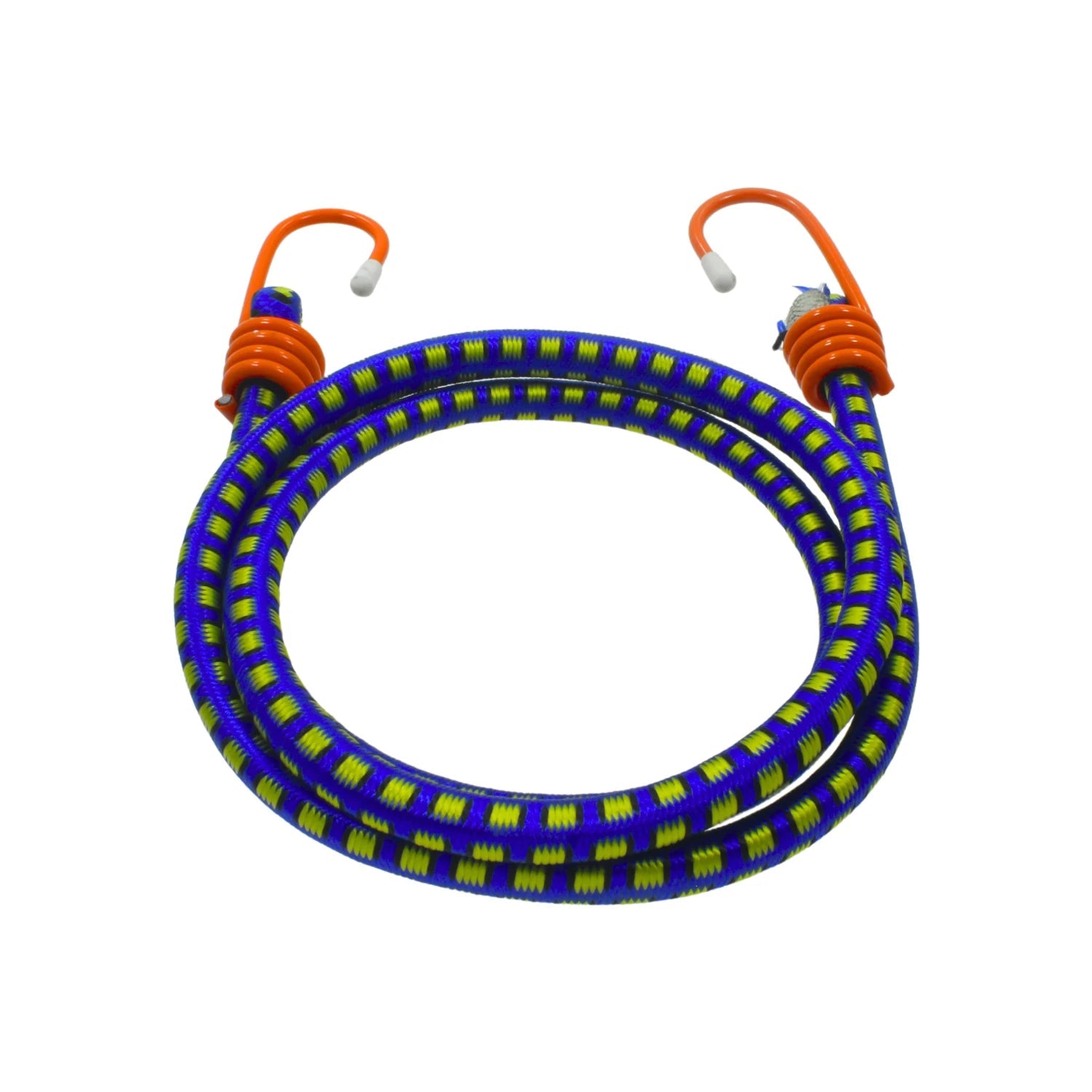 Tensor elástico azul con amarillo verdoso, ganchos naranjas, resistente para sujetar y asegurar carga y objetos.