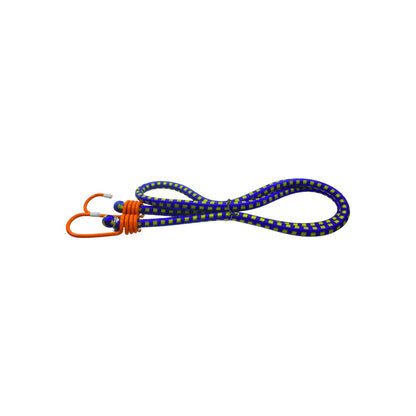 Tensor elástico azul y amarillo con ganchos naranjas para asegurar cargas y equipaje