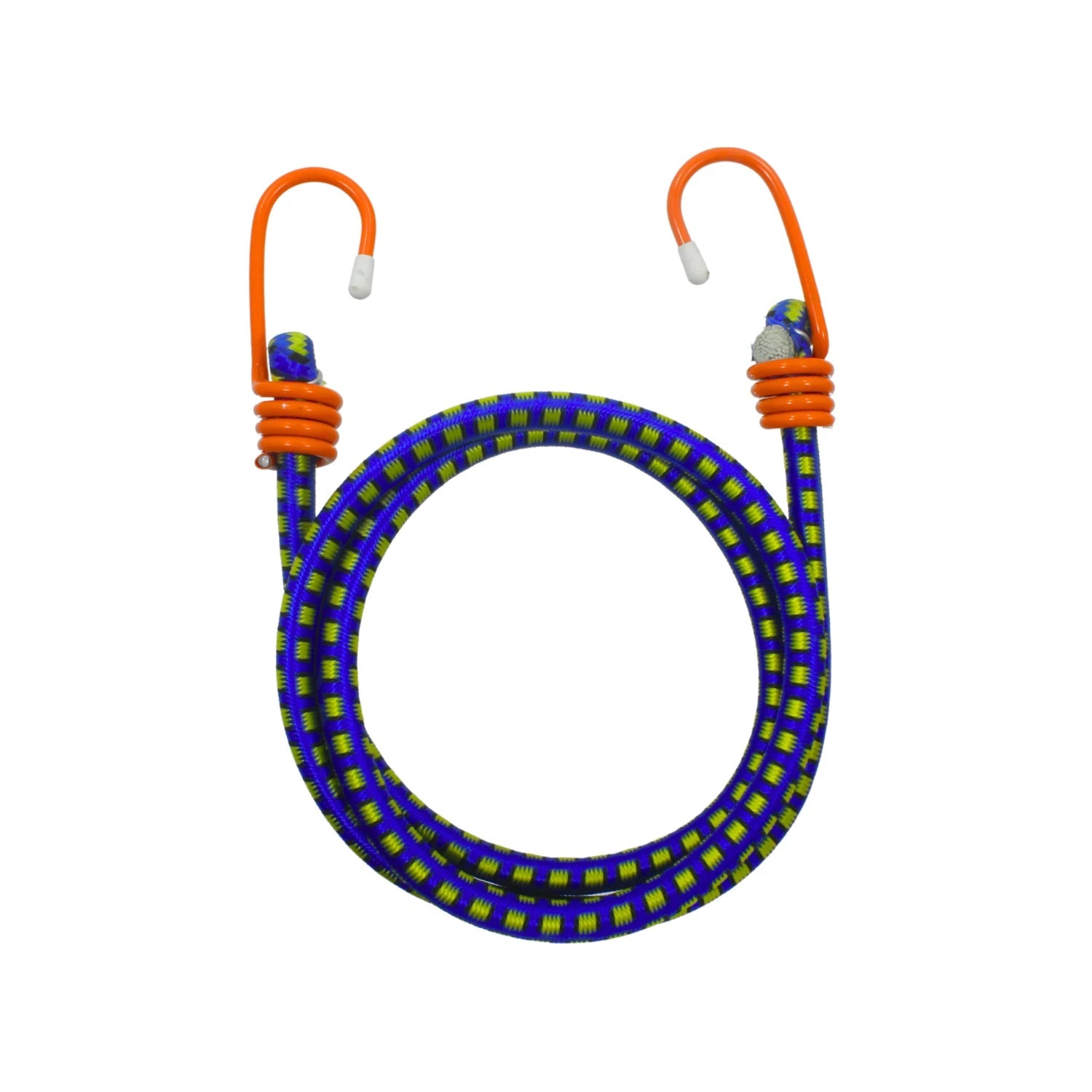 Tensor elástico 54 pulgadas azul y amarillo con ganchos naranjas para sujeción de carga