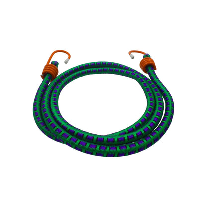 Tensor elástico enrollado bicolor verde y púrpura con ganchos de seguridad naranja