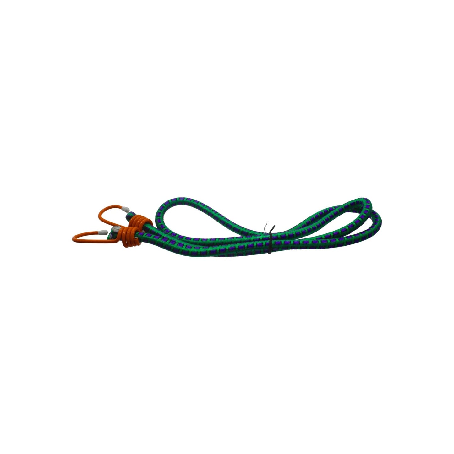 Tensor elástico bicolor verde y morado con ganchos naranja, 150 cm, para sujeción de carga