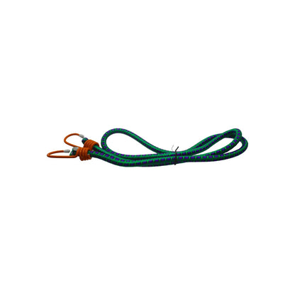 Tensor elástico bicolor verde y morado con ganchos naranja, 150 cm, para sujeción de carga