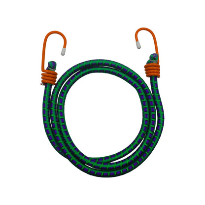 Tensor elástico verde y morado con dos ganchos naranjas, ideal para sujetar y asegurar cargas.