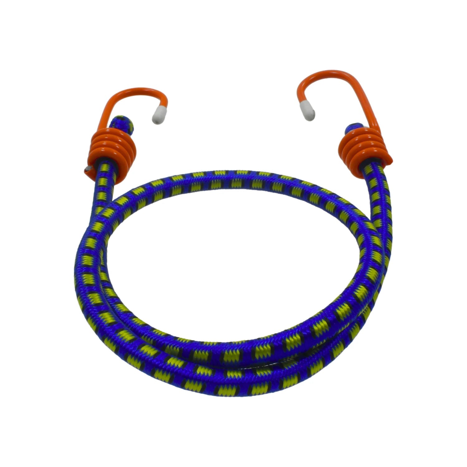 Tensor elástico azul y amarillo con ganchos naranjas, para sujeción de carga y amarre.