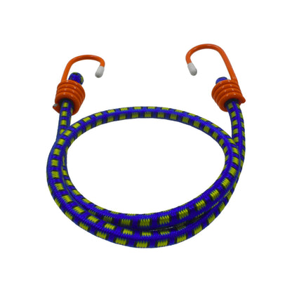 Tensor elástico azul y amarillo con ganchos naranjas, para sujeción de carga y amarre.