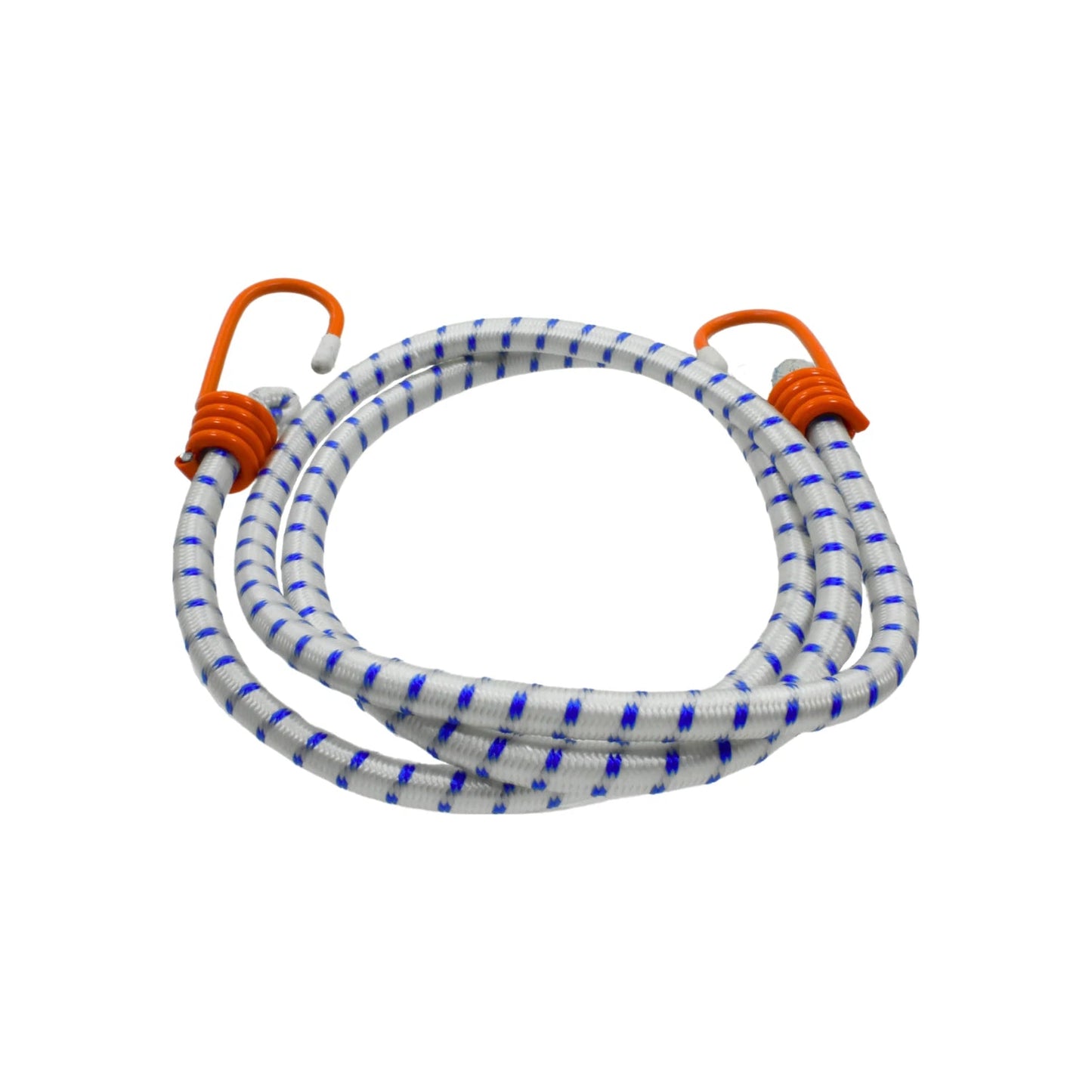 Tensor elástico blanco con rayas azules, ganchos naranjas, ideal para sujetar y asegurar cargas o equipos