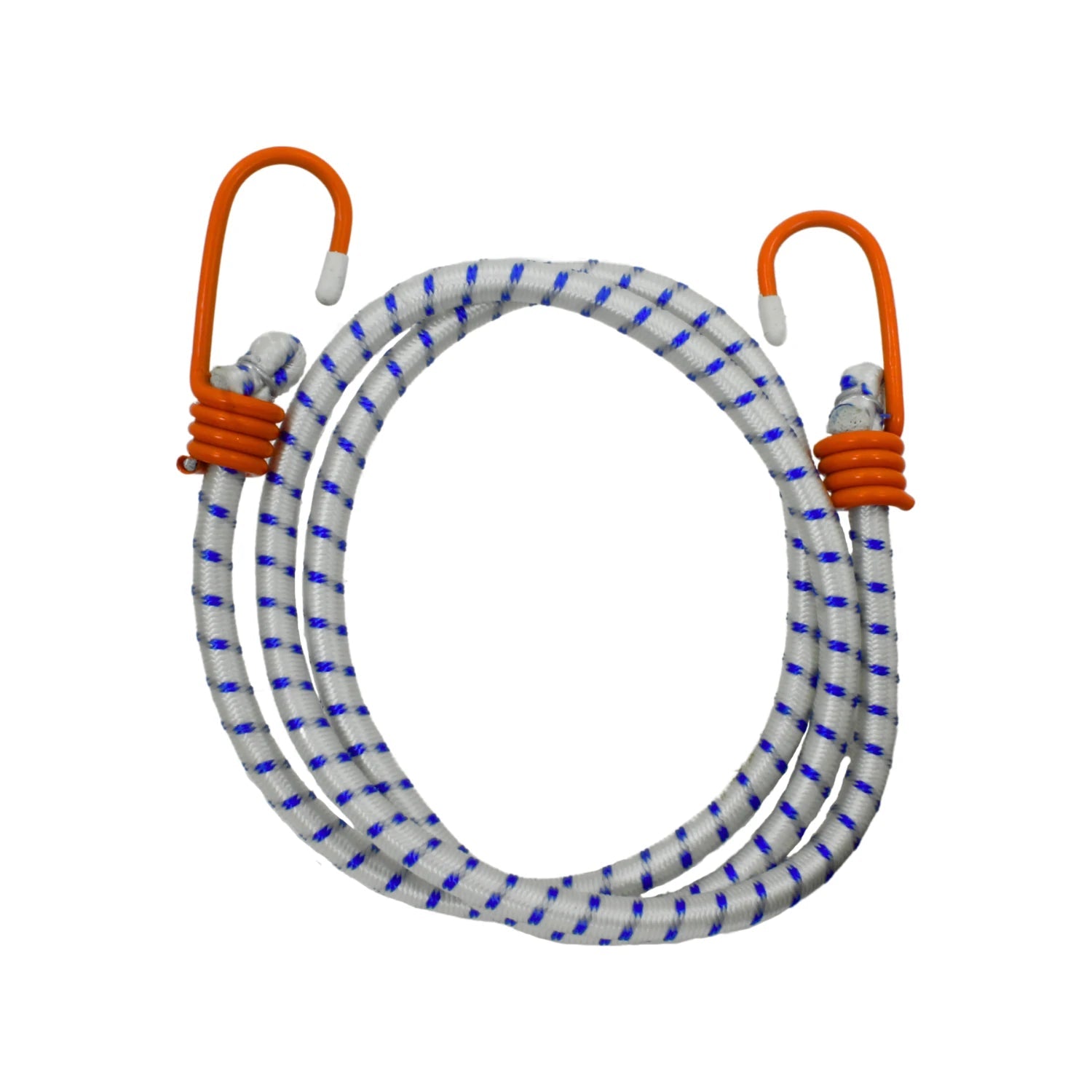 Tensor elástico blanco con patrón azul, dos ganchos naranjas resistentes para sujetar cargas de forma segura