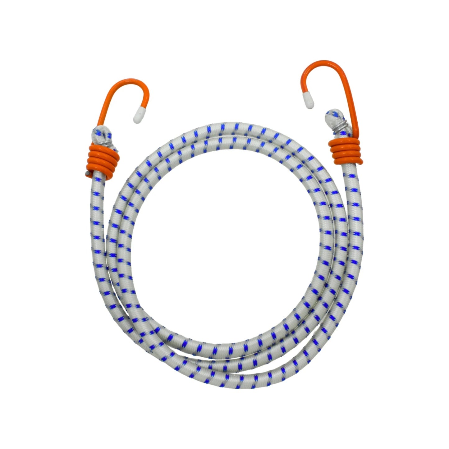 Tensor elástico blanco con puntos azules, ganchos metálicos naranjas, para asegurar carga y sujeción.