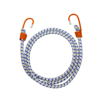 Tensor elástico blanco con puntos azules, ganchos metálicos naranjas, para asegurar carga y sujeción.