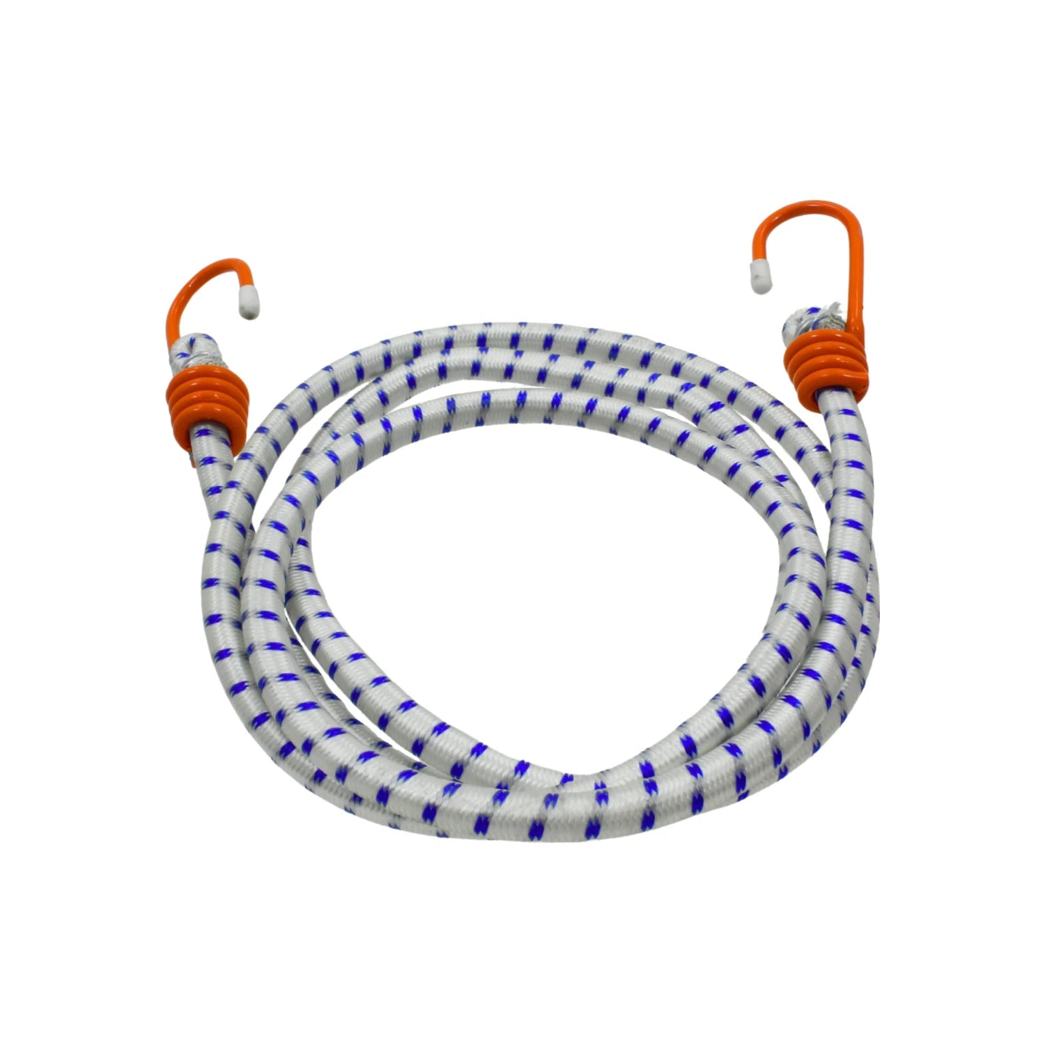 Tensor elástico resistente, blanco con patrón azul y ganchos naranjas para sujeción de carga.