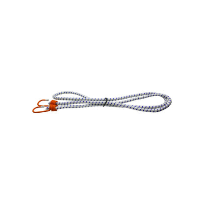 Tensor elástico blanco con rayas azules y ganchos S naranjas, para asegurar cargas ligeras o artículos en ferretería