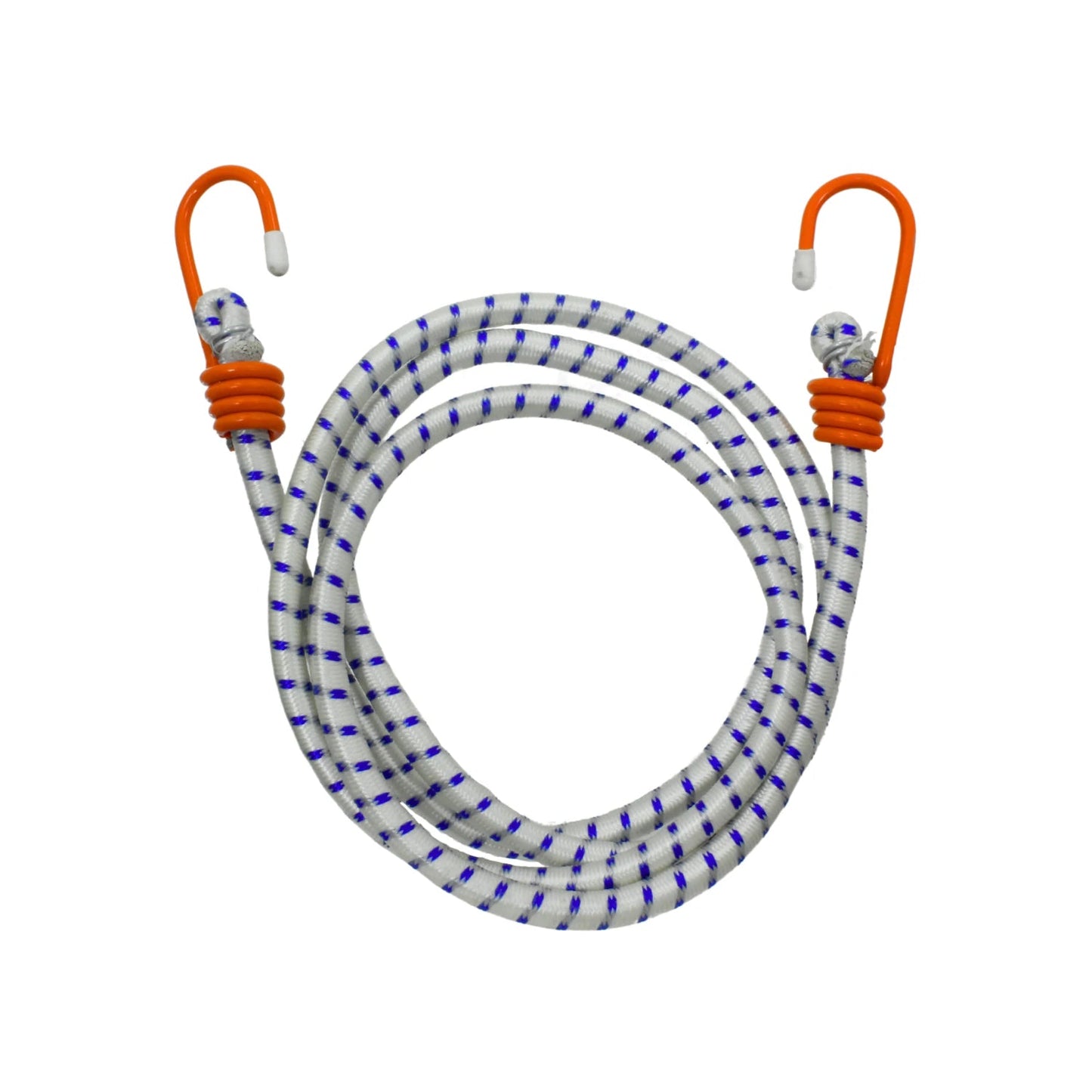 Tensor elástico blanco con patrón azul y ganchos naranjas para asegurar cargas y equipaje.