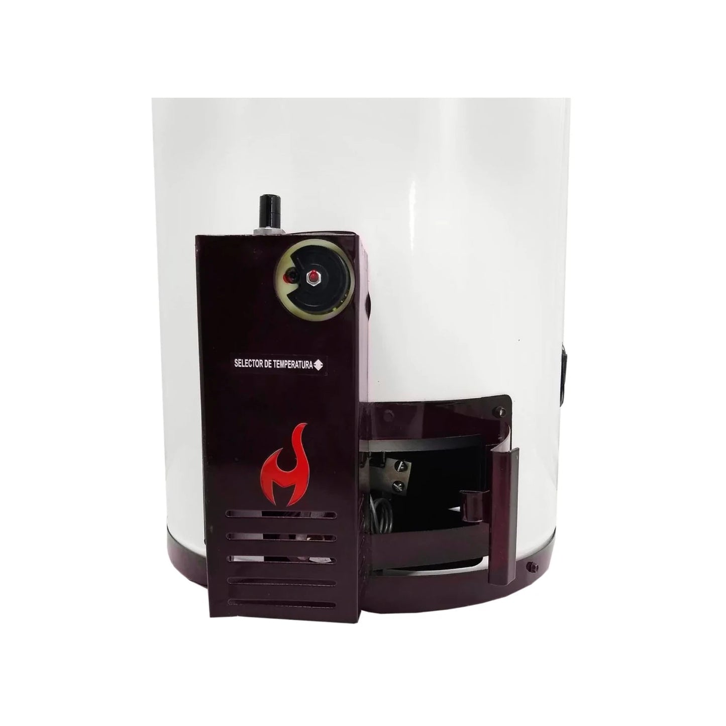 Boiler de agua a gas automático blanco con panel de control borgoña, selector de temperatura y acceso al quemador.