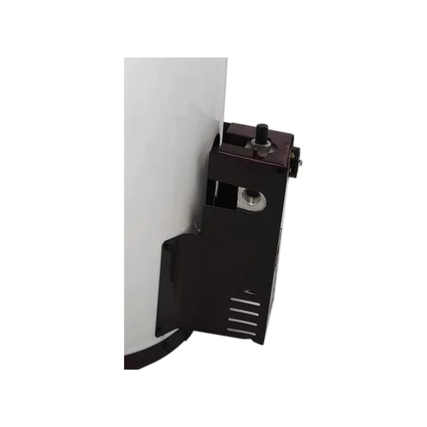 Control y panel inferior de boiler a gas automático blanco, con perilla negra y rejilla de ventilación