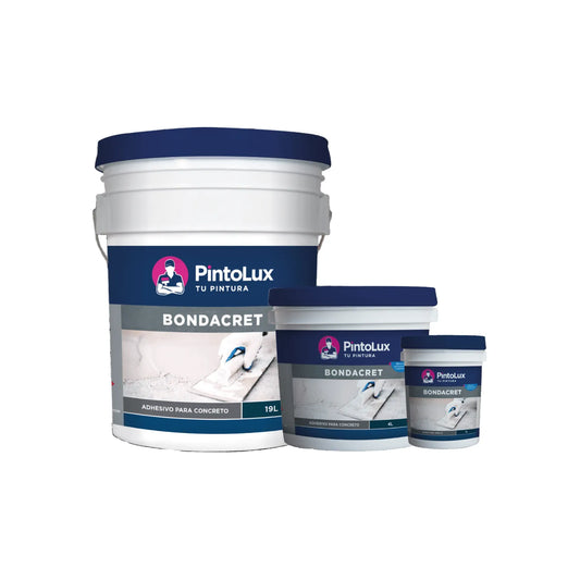Adhesivo para concreto Bondacret de Pintolux en cubetas blancas y azules de 19L, 4L y 1L para pegado de cemento.