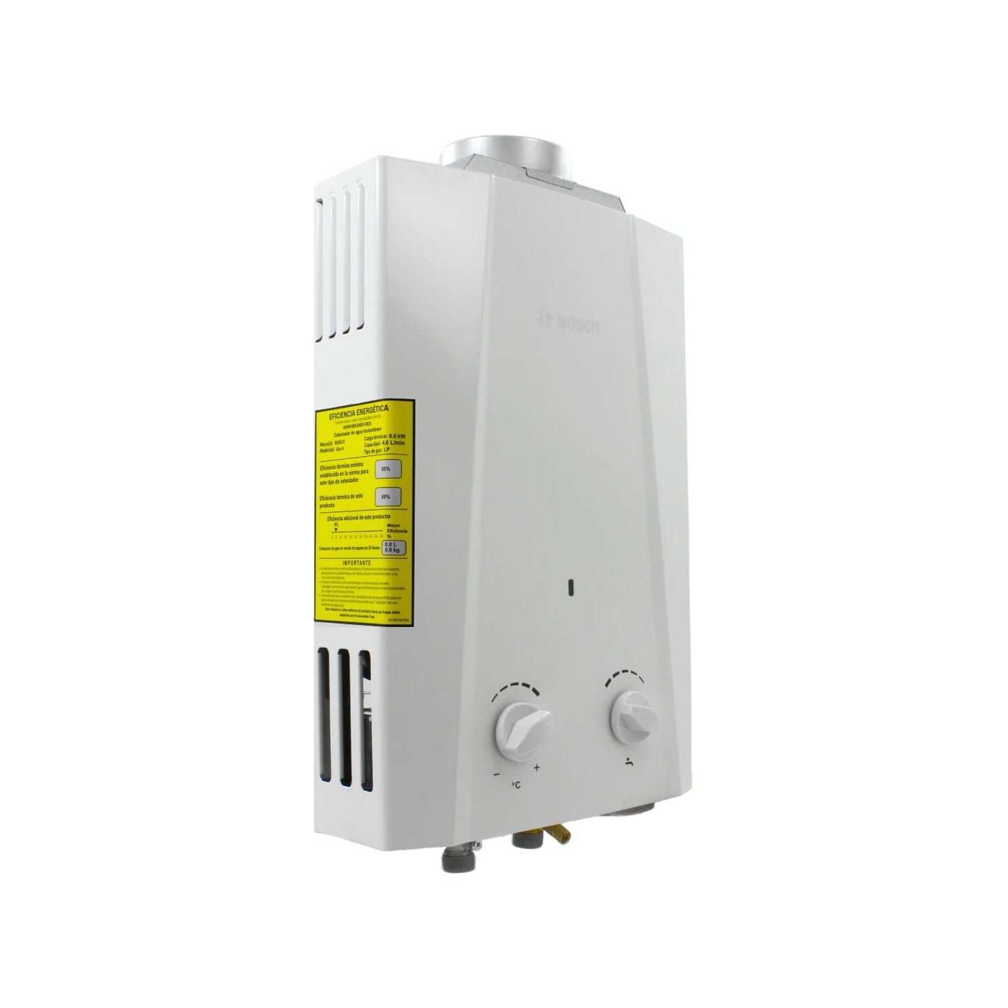 Calentador de agua sin tanque a gas Bosch blanco, controles de temperatura, alta eficiencia energética