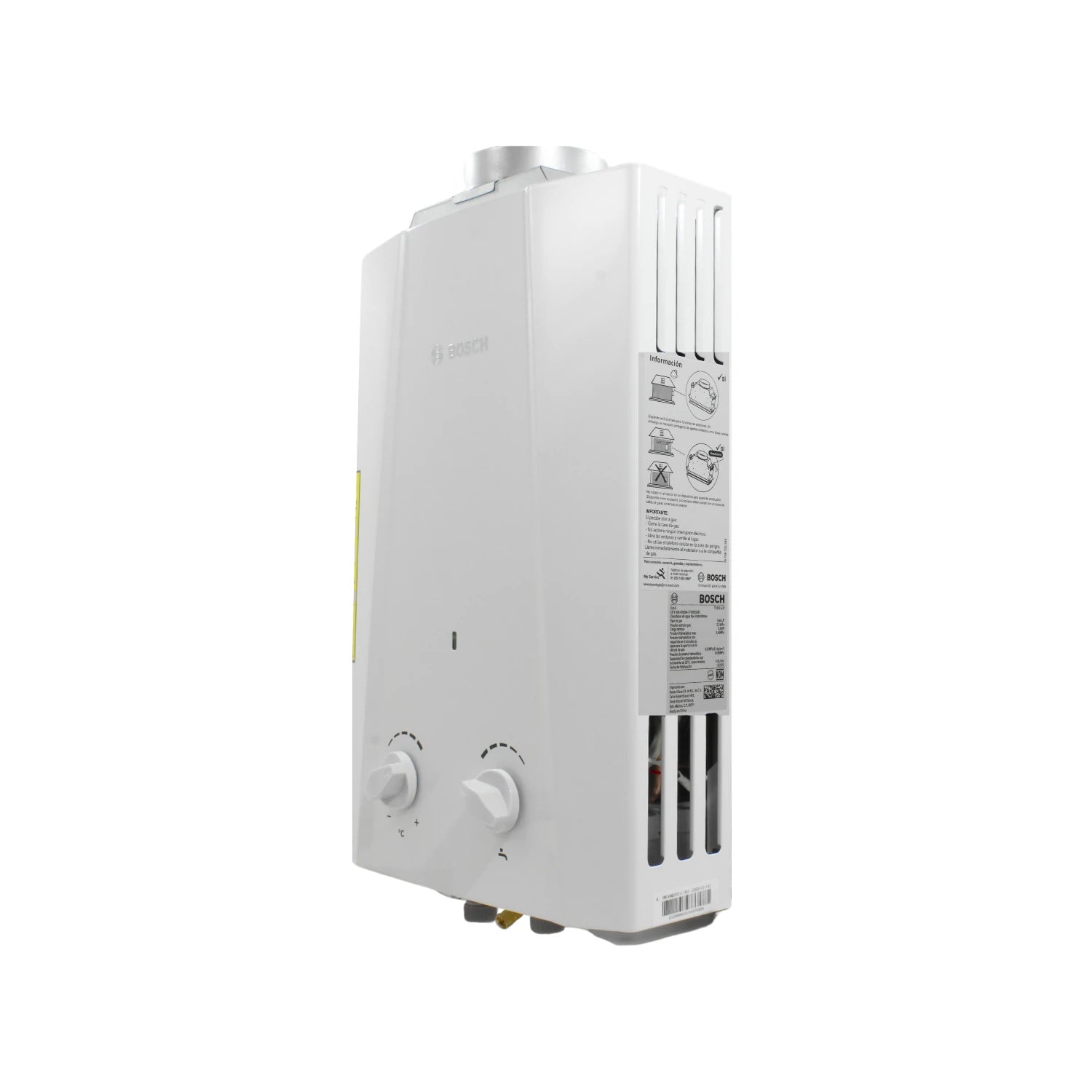 Boiler instantáneo Bosch blanco para ahorro de energía, calentador de agua compacto con perillas de control