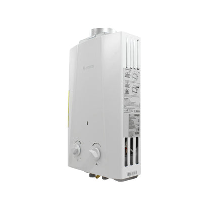 Boiler instantáneo Bosch blanco para ahorro de energía, calentador de agua compacto con perillas de control