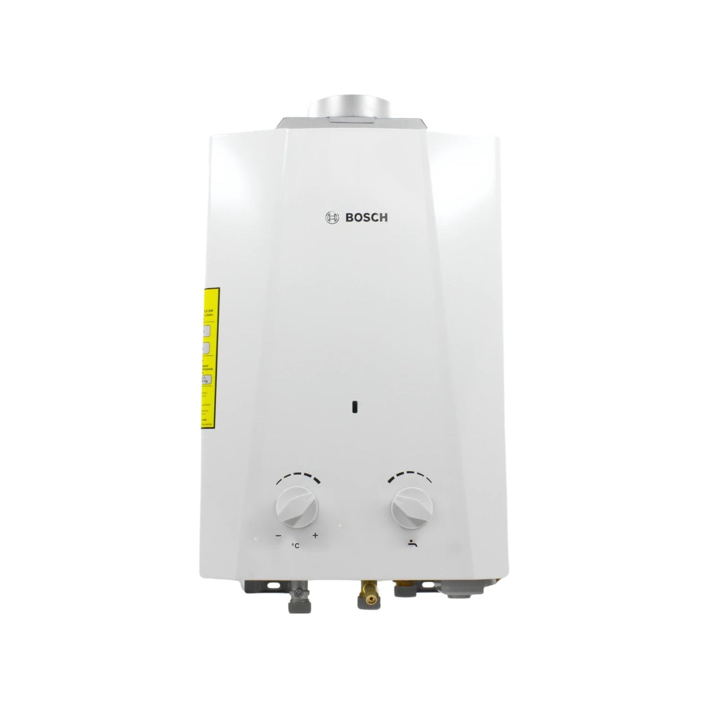 Boiler instantáneo a gas Bosch blanco con controles de temperatura y flujo manuales