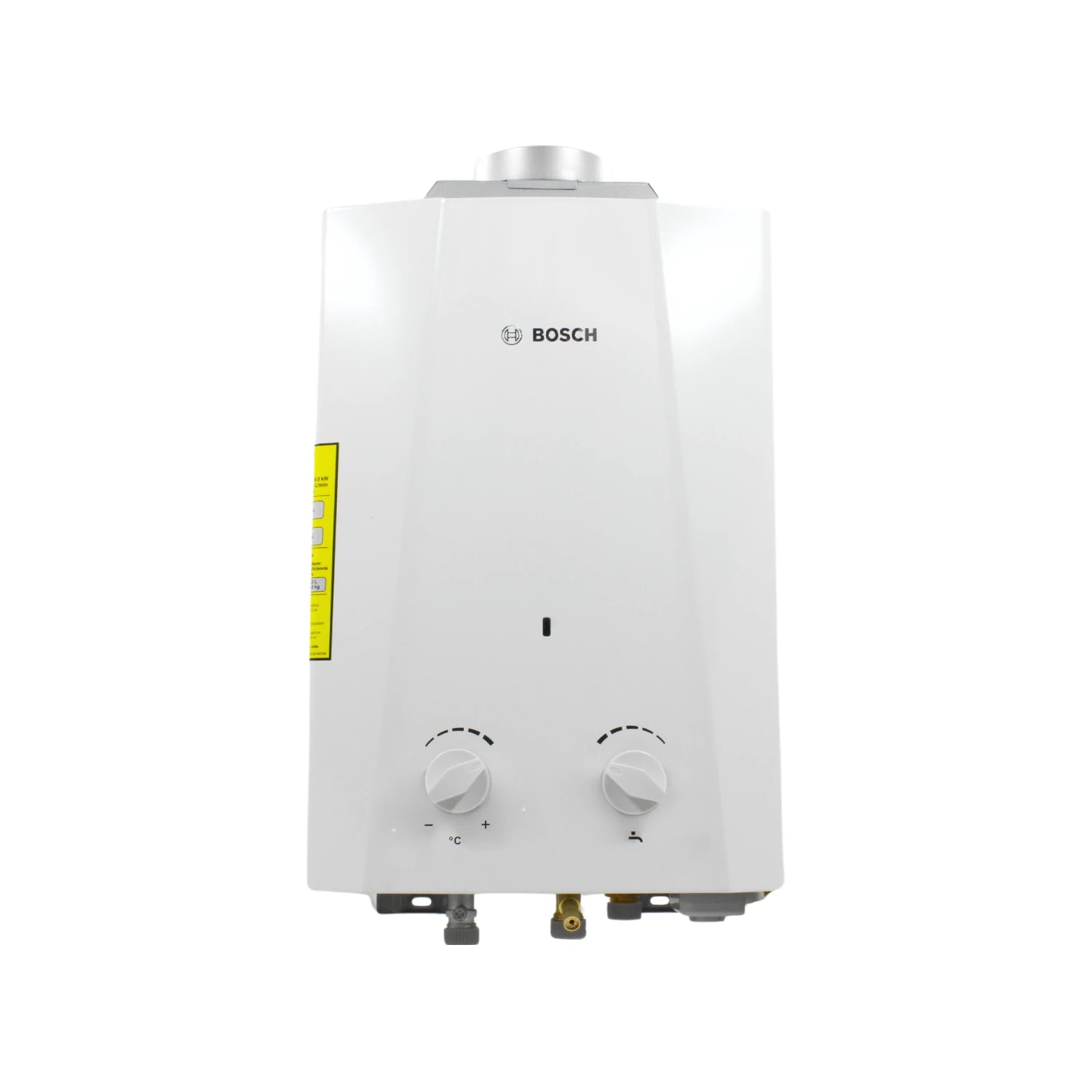 Boiler instantáneo a gas Bosch blanco con controles de temperatura y flujo manuales
