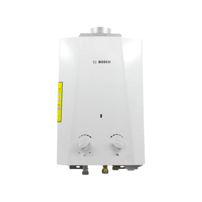 Boiler instantáneo a gas Bosch blanco con controles de temperatura y flujo manuales