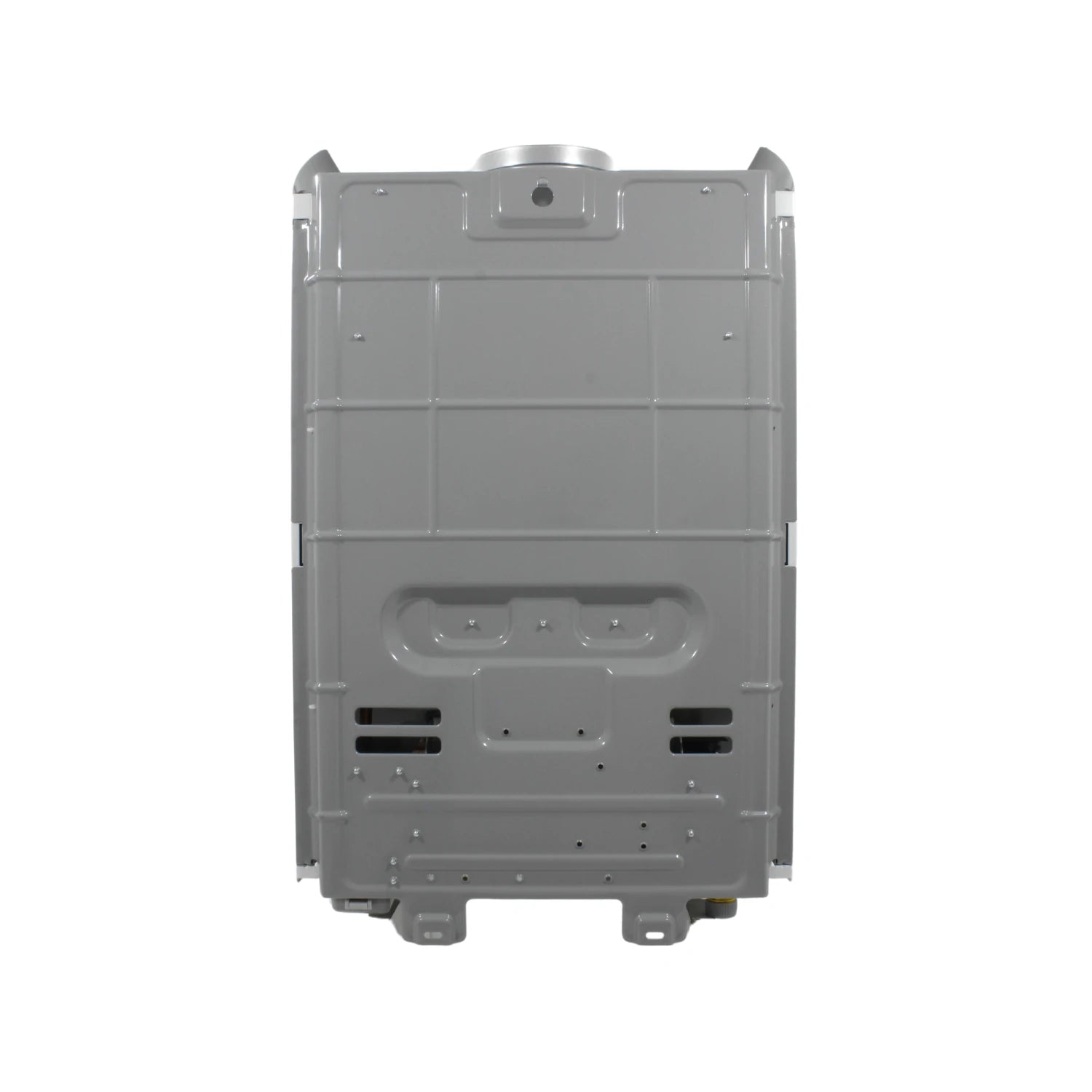 Boiler instantáneo 7 litros gris, vista trasera con salida de humos para instalación en pared