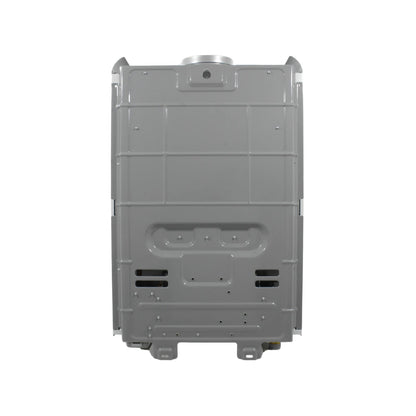 Boiler instantáneo 7 litros gris, vista trasera con salida de humos para instalación en pared