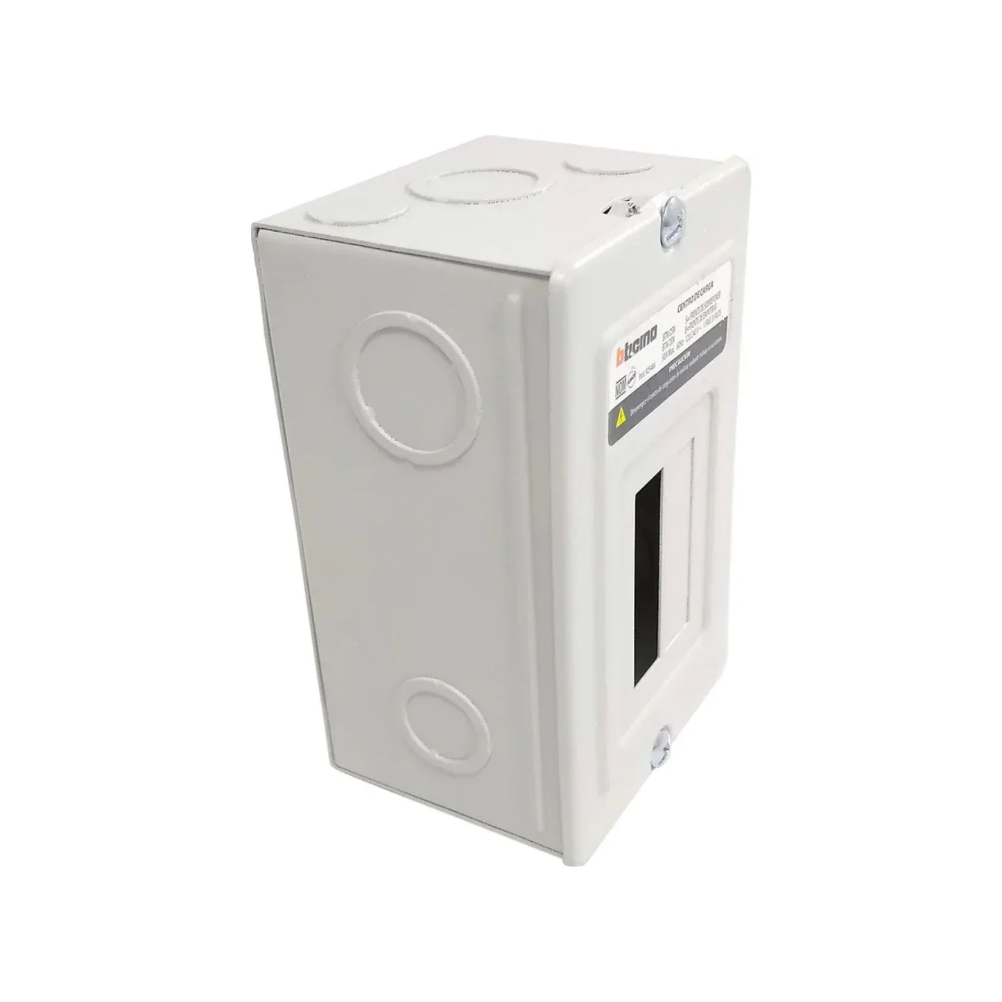 Centro de carga eléctrico Bticino gris de 2 pastillas para sobreponer, gabinete metálico con knockouts para instalación.