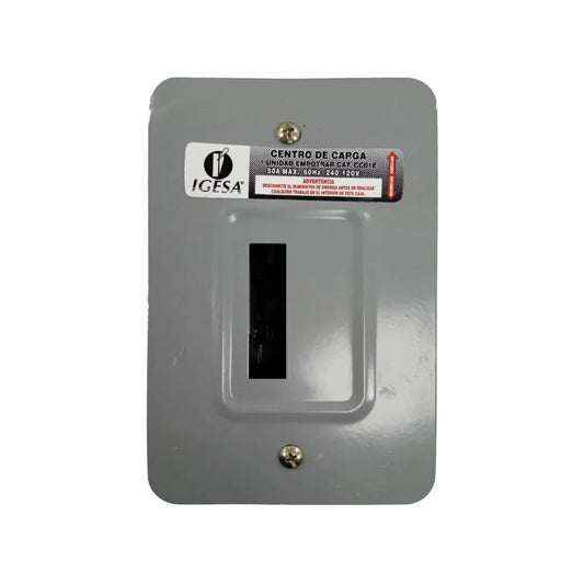 Centro de carga Igesa de 1 pastilla empotrable gris 50A 120/240V para instalaciones eléctricas.