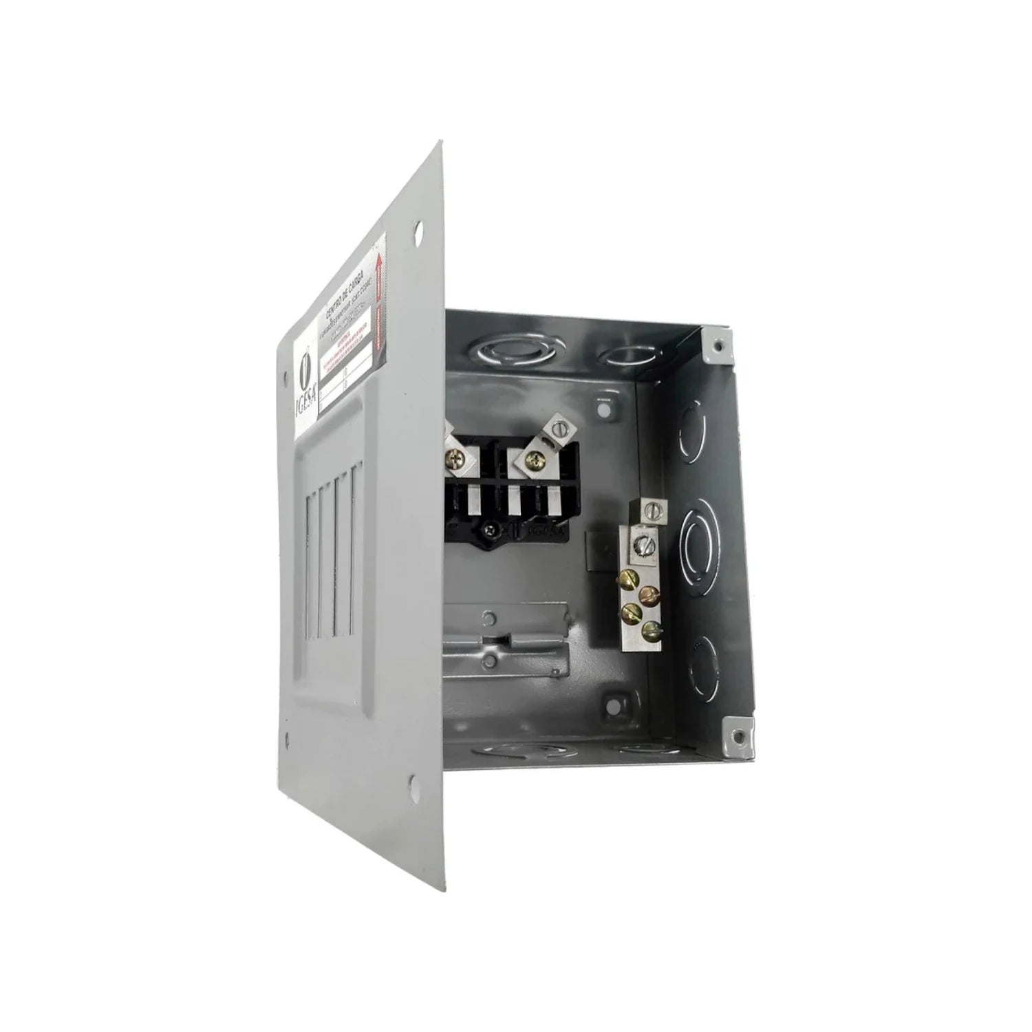 Centro de carga eléctrico IGESA gris para empotrar, 4 espacios para pastillas, caja metálica abierta.