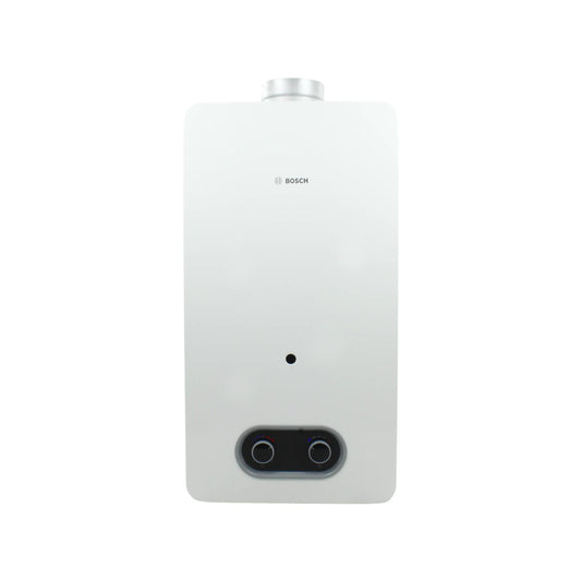 Boiler instantáneo Bosch blanco, calentador de agua compacto mural con perillas de control
