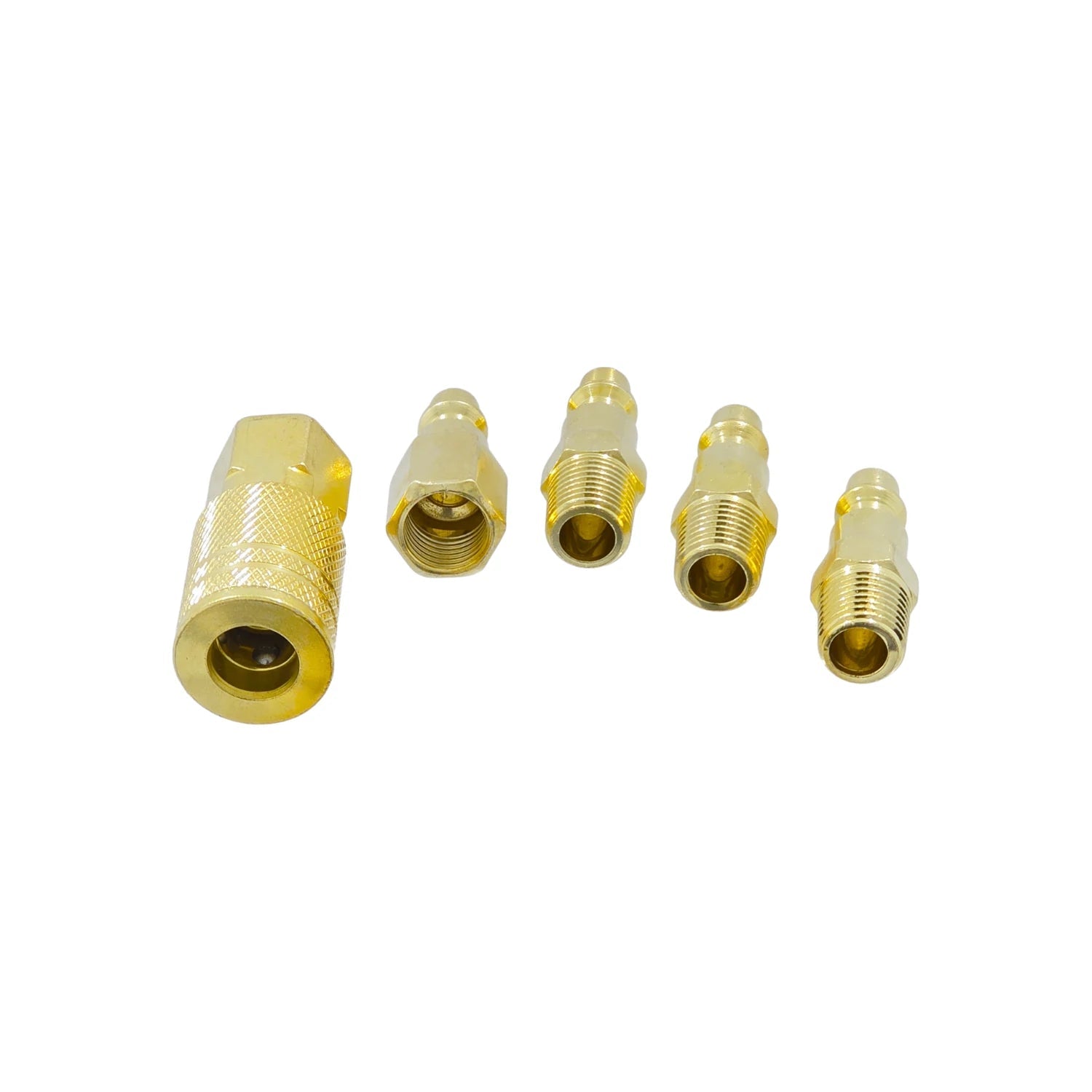 Coples rápidos de latón para compresora, set 5 piezas: 1 acople hembra, 4 machos de conexión neumática