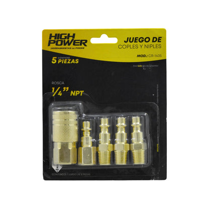 Juego de 5 coples y niples rápidos de latón High Power para compresora, rosca 1/4 NPT.